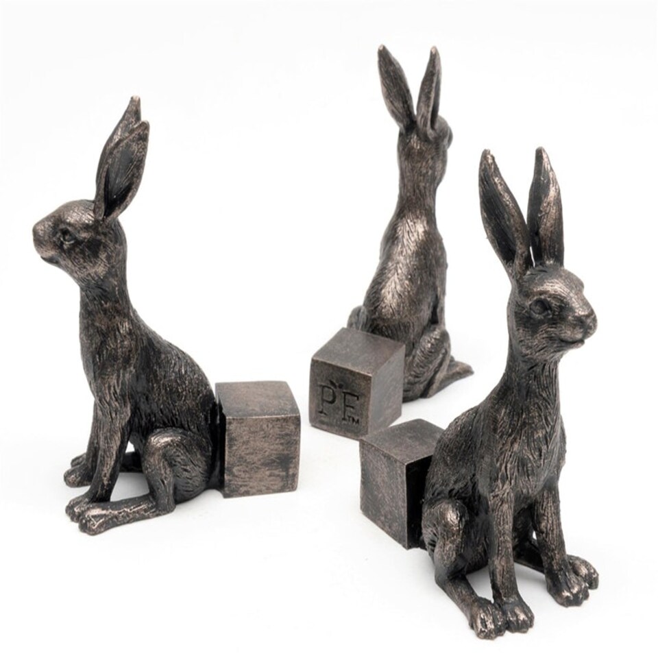 image 1 of Small Bronze Sitting Hare Plant Pot Feet - Set of 3 Grey