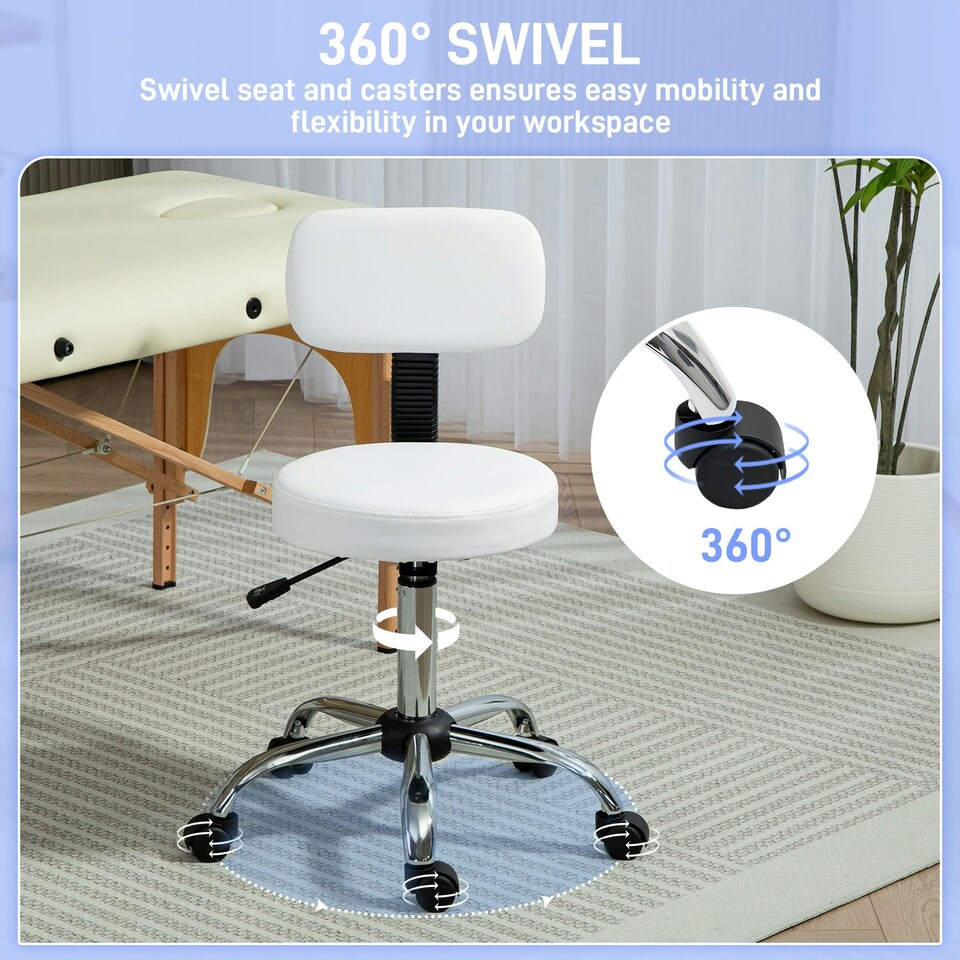 image 1 of HOMCOM Rolling Stool with Backrest, Wheels, Faux Leather Salon Chair, White Black