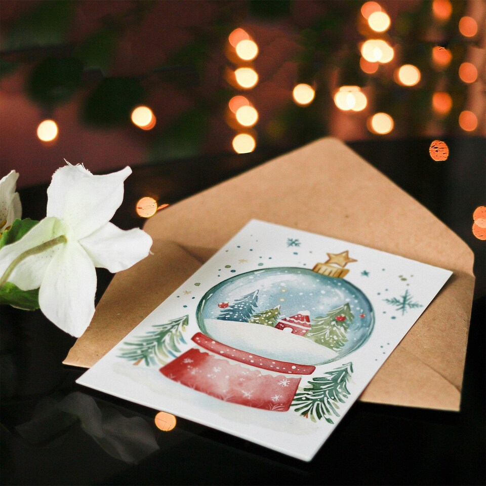 image 1 of Decorated Tree Cabin Snow Globe Blank For Him Or Her Art Xmas Festive Christmas Card