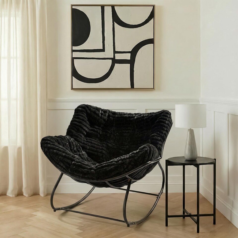 image 1 of OHS Ribbed Faux Fur Rocking Chair Upholstered Metal Frame Cushioned