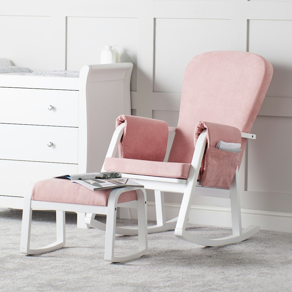 image 1 of Dursley Rocking Chair & Stool - Comfortable Rocking Chair With Padded Support, Suedette Fabric With Side Pockets & Compact Design (Blush Pink)