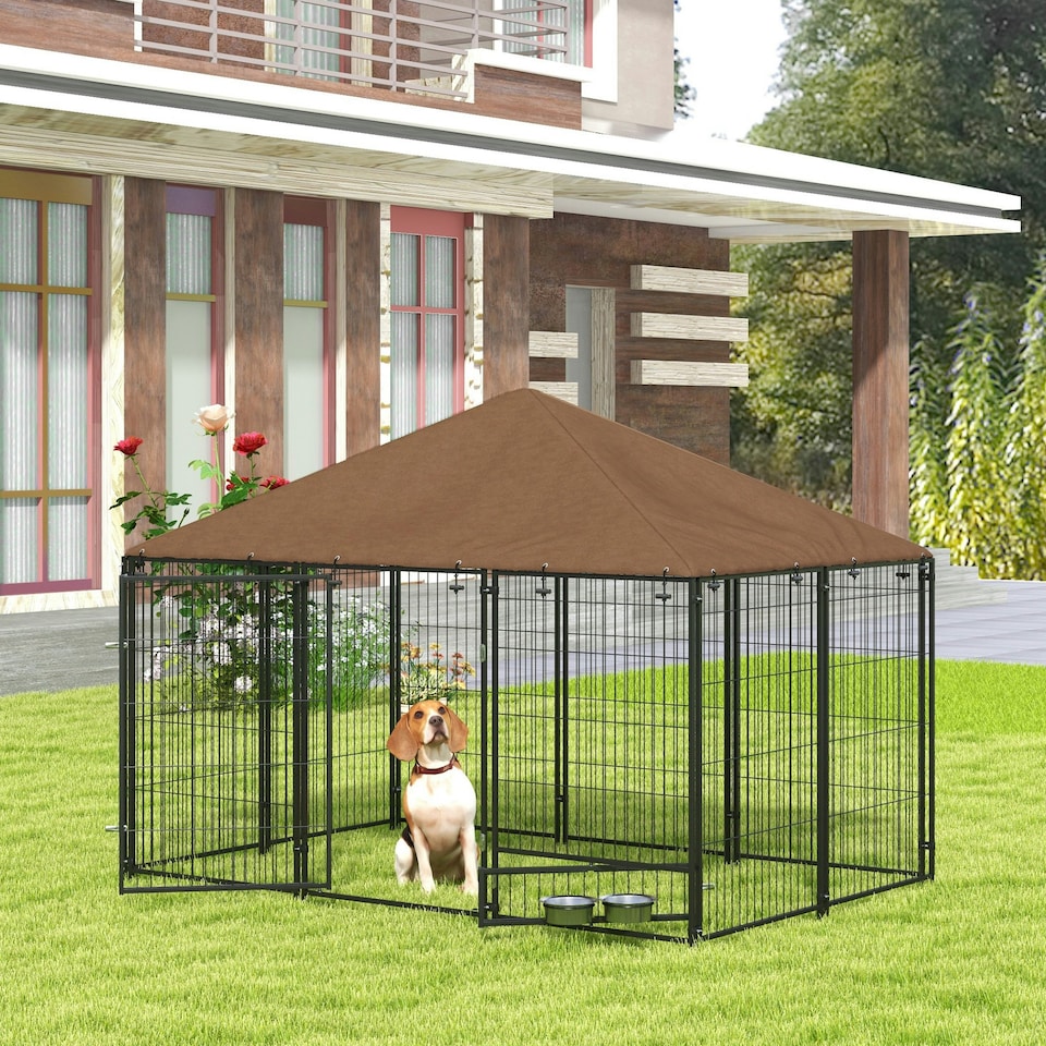 image 1 of PawHut Outdoor Dog House Kennel with Canopy Top & Lock Rotating Bowl Holder