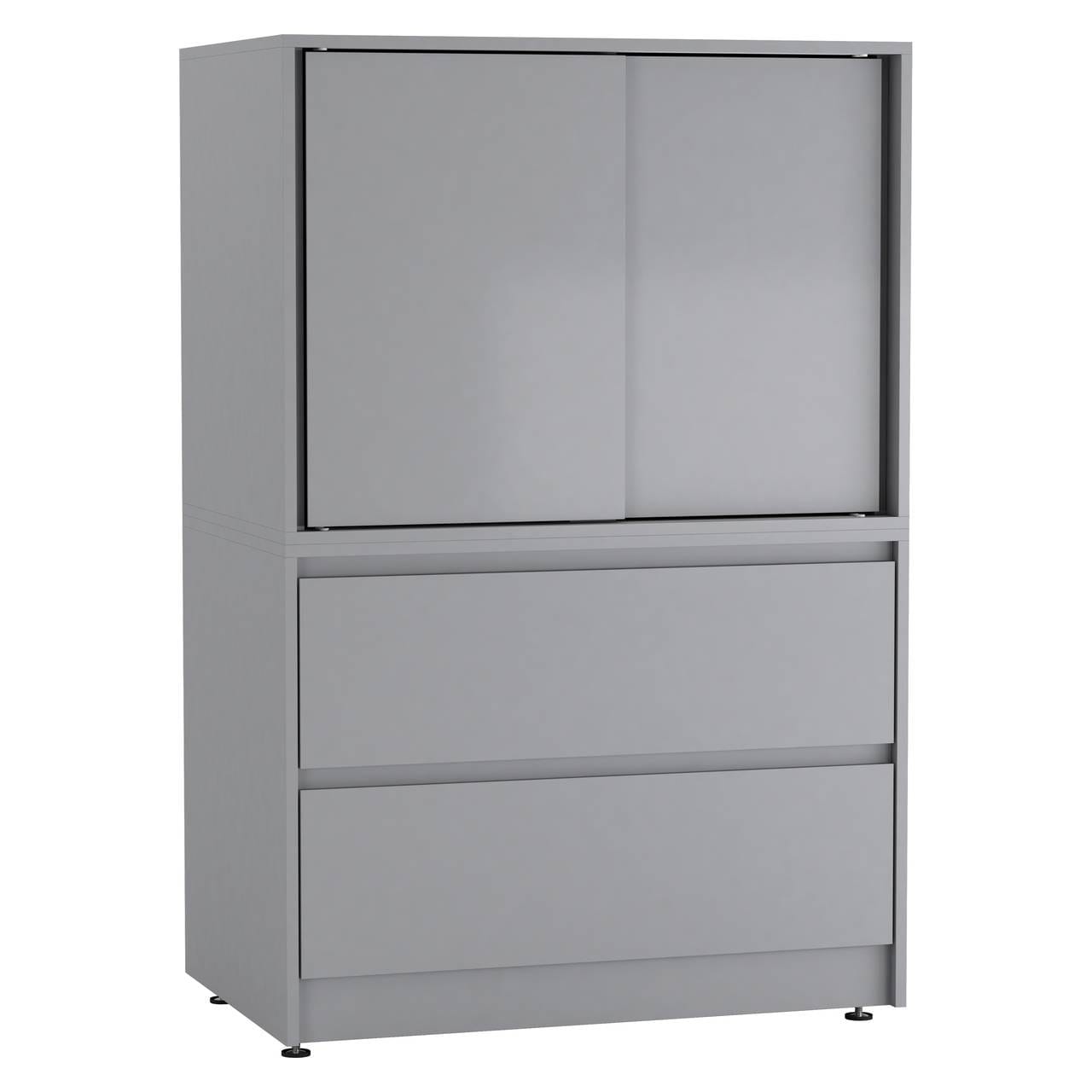 2 Drawer Storage Cabinet w/ 2 Sliding Doors - H120xW80xD51.5cm Grey 12 x 87.5 x 57.5 1
