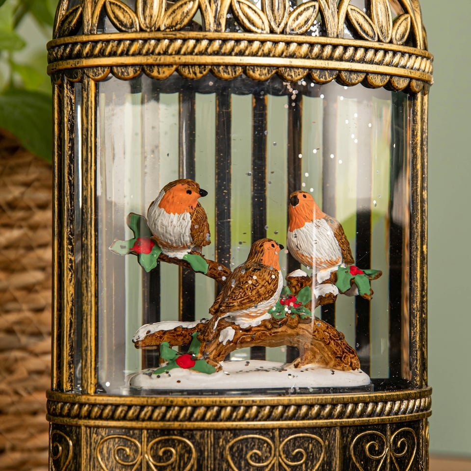 image 1 of 24cm Dual Powered Light up Christmas Robin Scene Water Spinner with Warm White LEDs