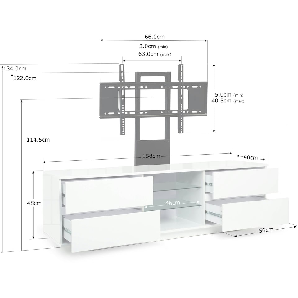 image 1 of Centurion Supports AVITUS ULTRA Gloss White Remote Friendly BeamThru Door with 4-White Drawers up to 65" Flat Screen TV Cabinet with Mounting Arm White
