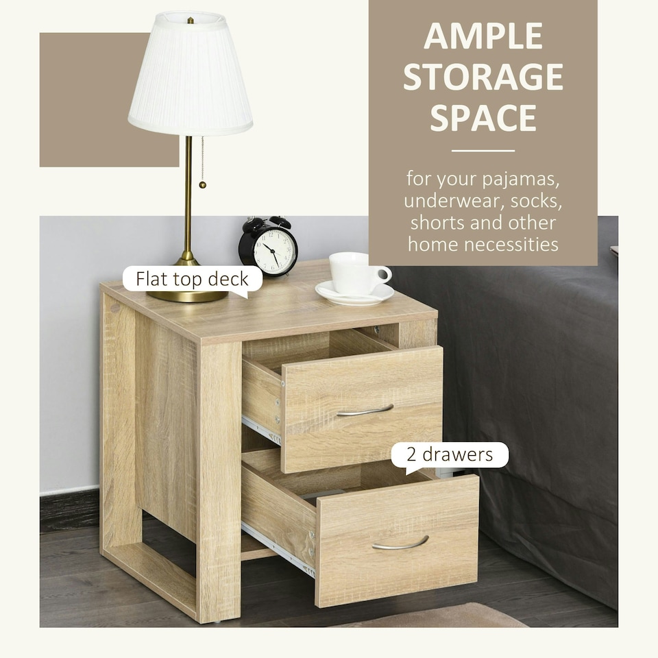 image 1 of HOMCOM 2 Drawer Boxy Bedside Table w/ Handles Elevated Base Oak Brown