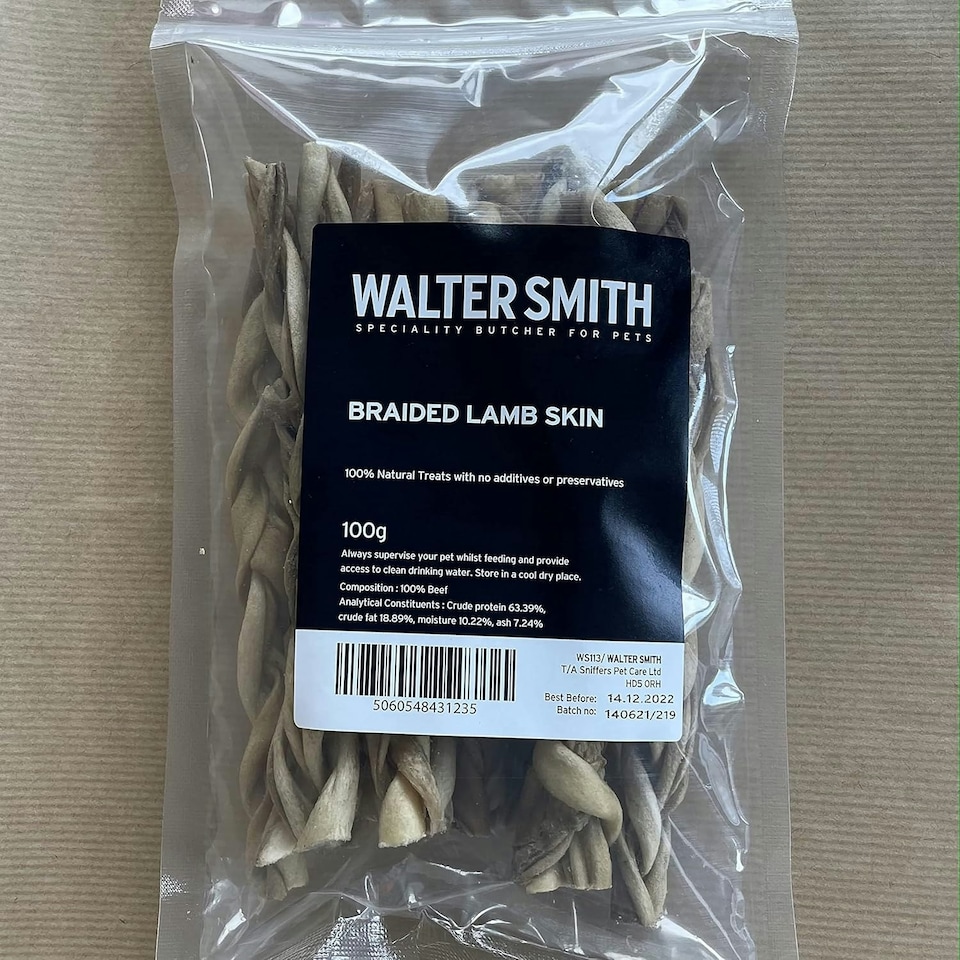 image 1 of Walter Smith Natural Braided Lamb Skin 100g – 100% Natural Dog Treat – No Artificial Colours or Preservatives – Natural Dog Chew