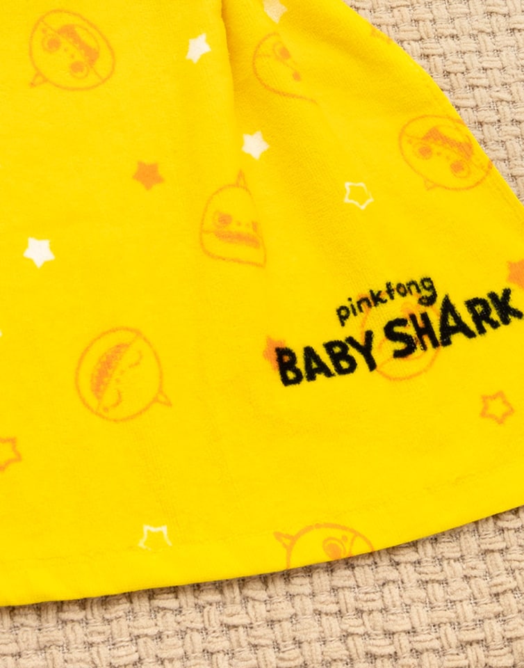 image 1 of Baby Shark Towel Poncho Kids | Girls Boys Yellow Animated Shark | Childrens Song Bath Swimwear Beach Towel With 3D Face Fins Teeth