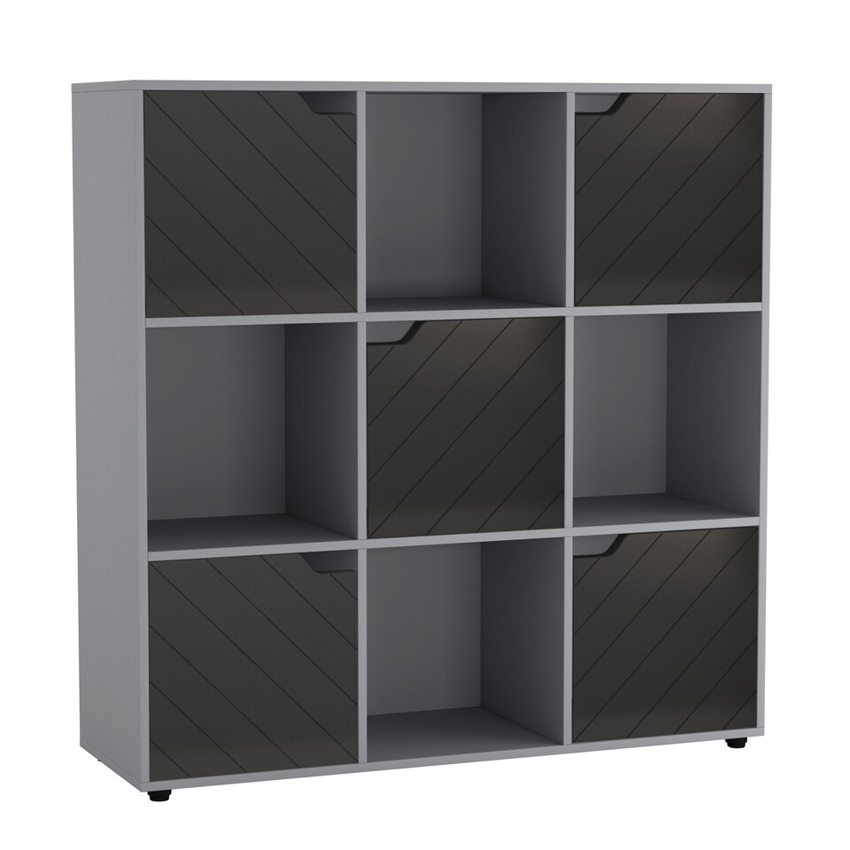 image 1 of White 9-Cube Shelving Unit With Lined Doors | Grey | Grey & Black | 1