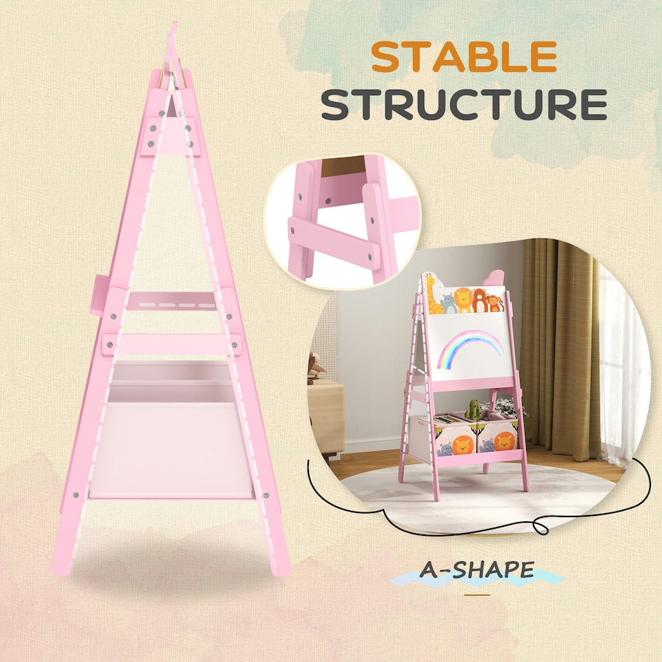 image 1 of AIYAPLAY 2 in 1 Kids Easel with Whiteboard, Chalkboard, Storage Boxes, Pink Pink