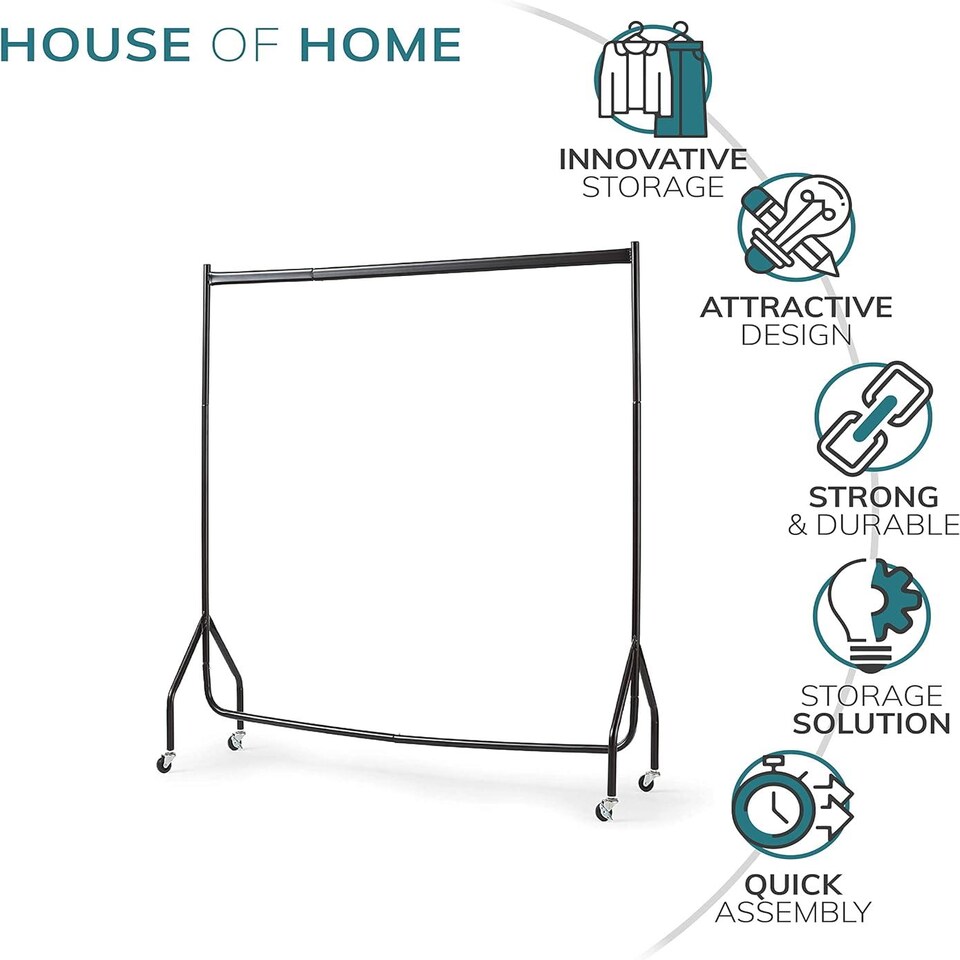 image 1 of House of Home Heavy Duty Clothes Rail 4ft Long x 5ft Tall Black Quality Metal Stand Rack | Black