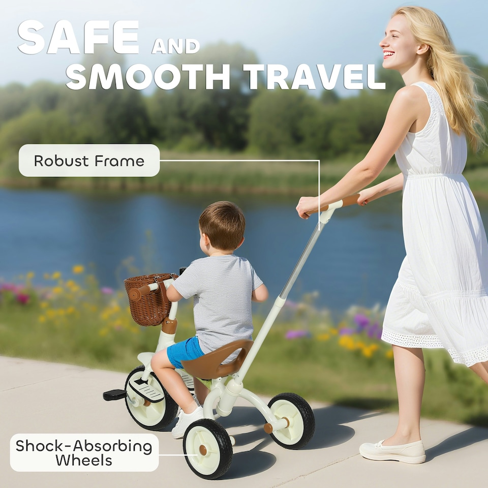 image 1 of AIYAPLAY Toddler Trike with Adjustable Parent Handle Basket for Kids, White