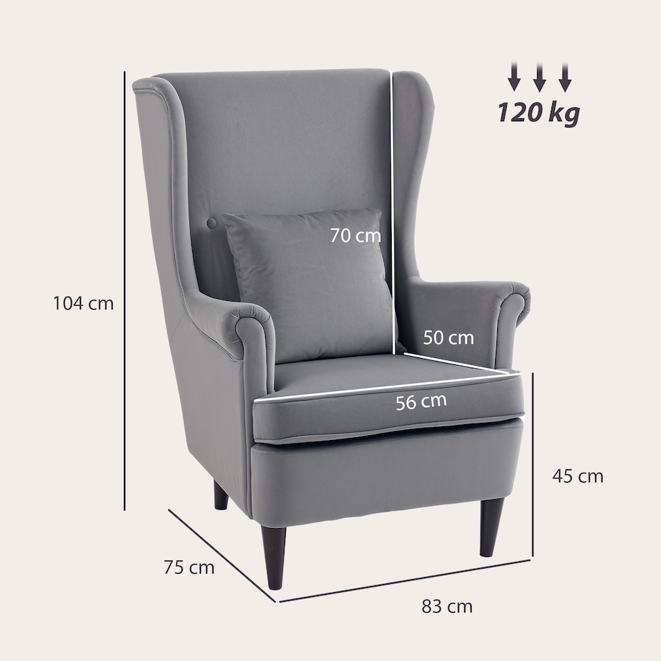image 1 of HOMCOM Wingback Chair, Modern Accent Chair for Living Room Bedroom, Grey