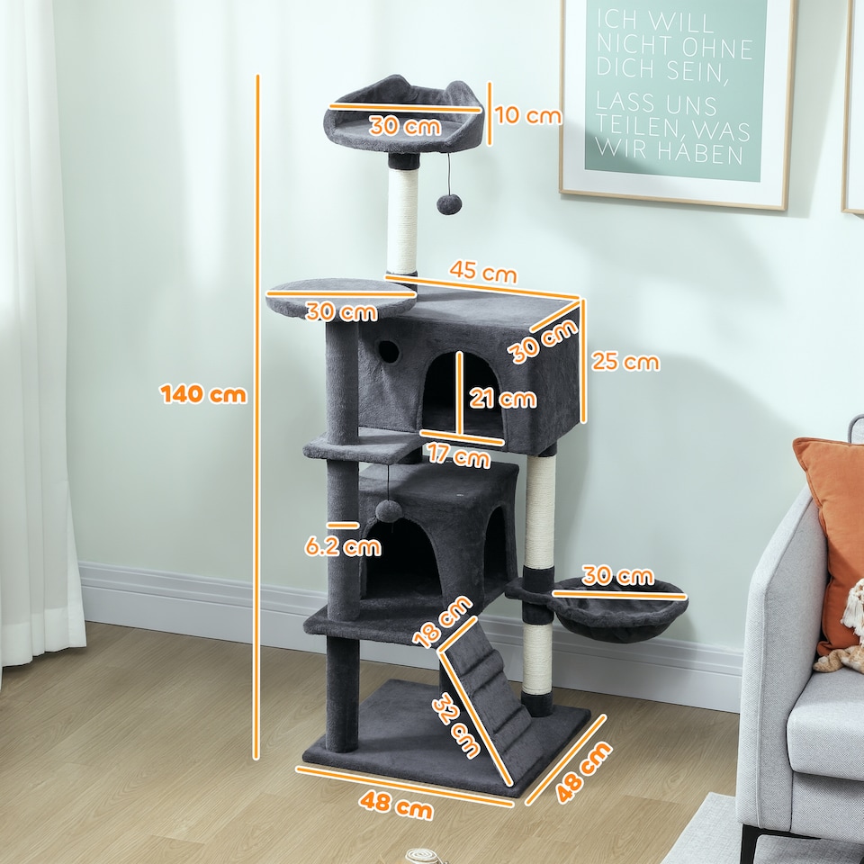 image 1 of 140cm PawHut Cat Tree with Sisal Scratching Posts, Cat Houses, Dark Grey