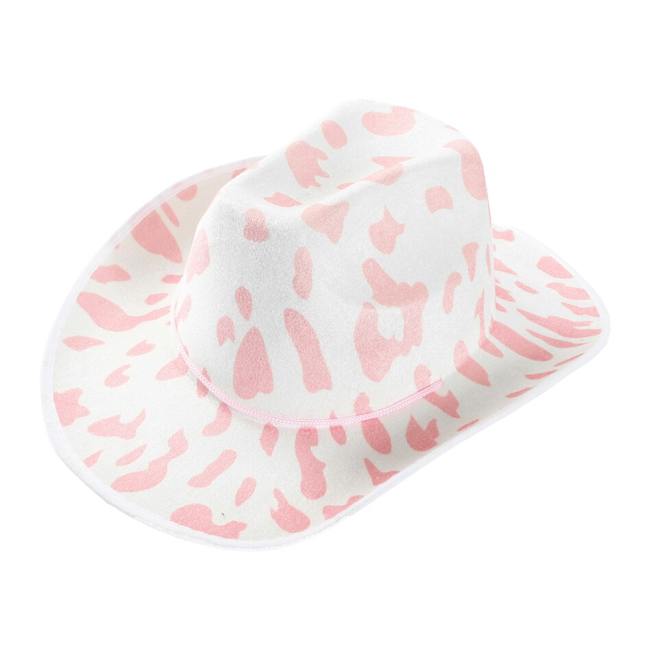 image 1 of Pink Cow Print Cowboy Hat – Fancy Dress Accessory White | One Size