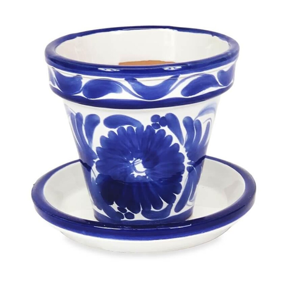 image 1 of Verano Spanish Ceramics Set of 3 Plant Pots & Drainage Plates - 16-29cm Blue Floral
