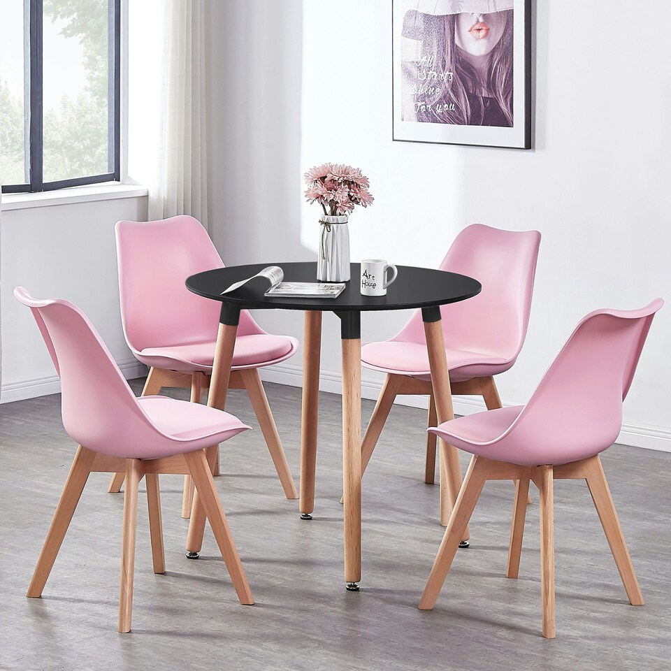 image 1 of Set of 6 Scandinavian Dining Chairs with Leather Cushions Solid Wood Legs Pink