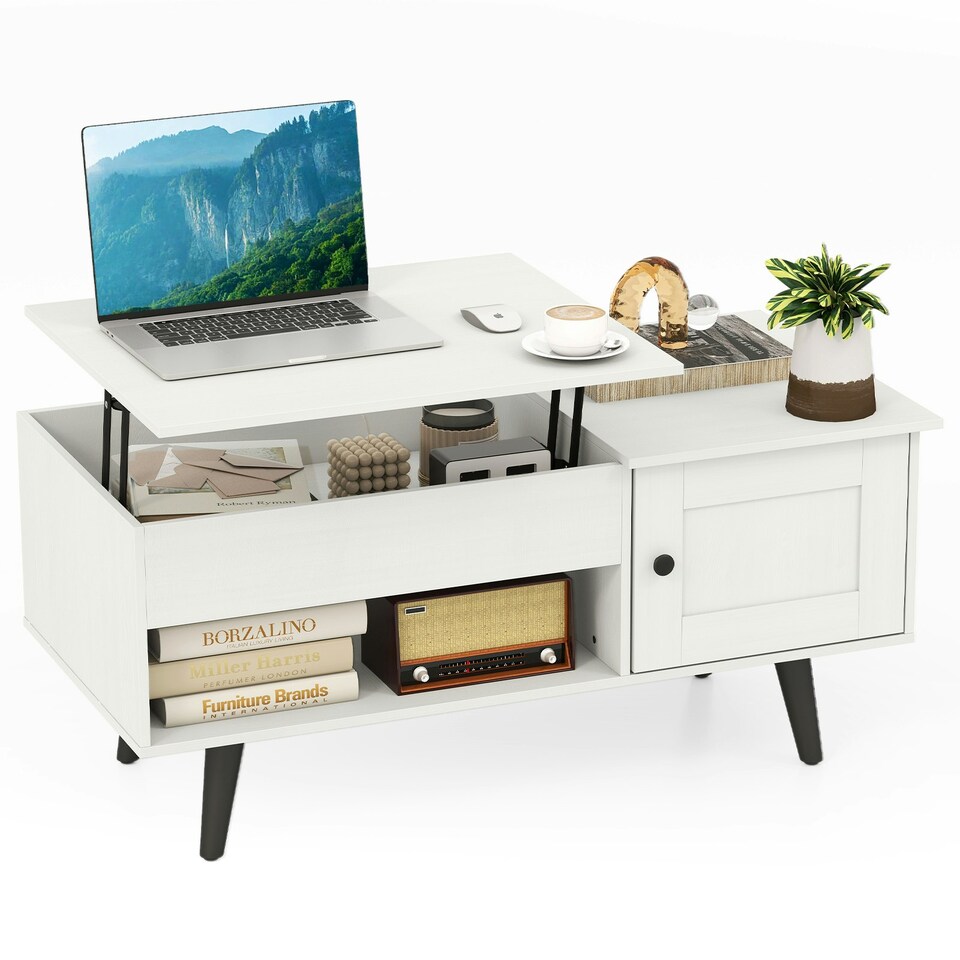 image 1 of COSTWAY Lift Top Coffee Table w/Hidden Compartment White White