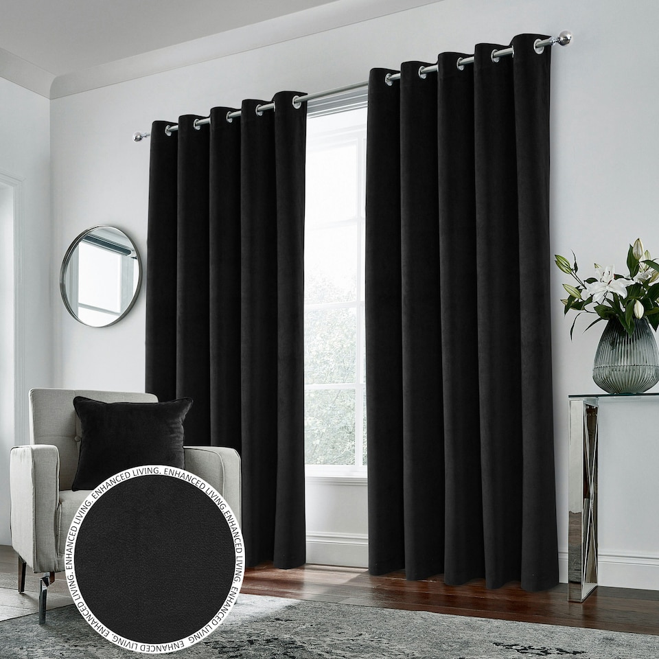 image 1 of Hampton Black Velvet Curtains 90 x 108 inch (229 x 274 cm) 100% Blackout Eyelet Thermal Noise Reducing Curtains for Bedroom and Living Room
