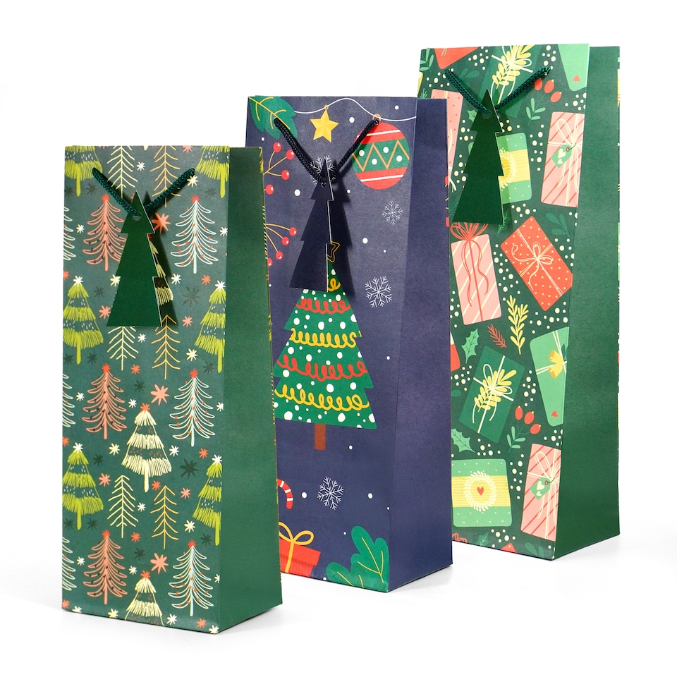 image 1 of Kraft and Co Christmas Wine Bottle Gift Bags with Cord Handles, 3 Pack
