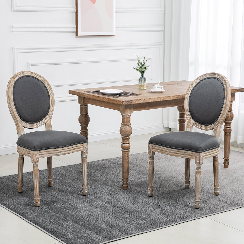image 1 of HOMCOM Dining Chairs Set of 2, French-Style Kitchen Chairs, Armless Accent Chairs with Linen Fabric Upholstery, Round Backrest and Solid Wooden Frame, Grey