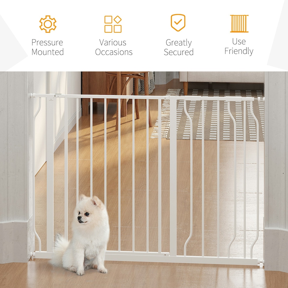 image 1 of PawHut Dog Gate Wide Stair Gate w/ Door Pressure Fit, 75-115W cm, White