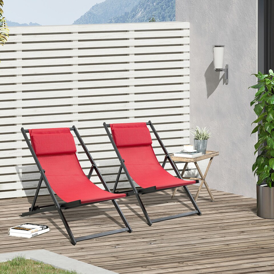 image 1 of Outsunny 2Pcs Texteline Chaise Lounge Recliner Chair Lounger Patio Red