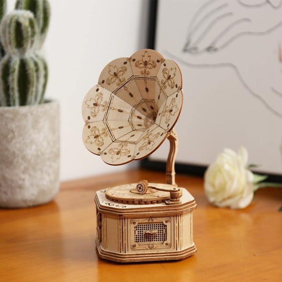 image 1 of Rolife 3D Wooden Puzzle Bi-Plane Gramophone