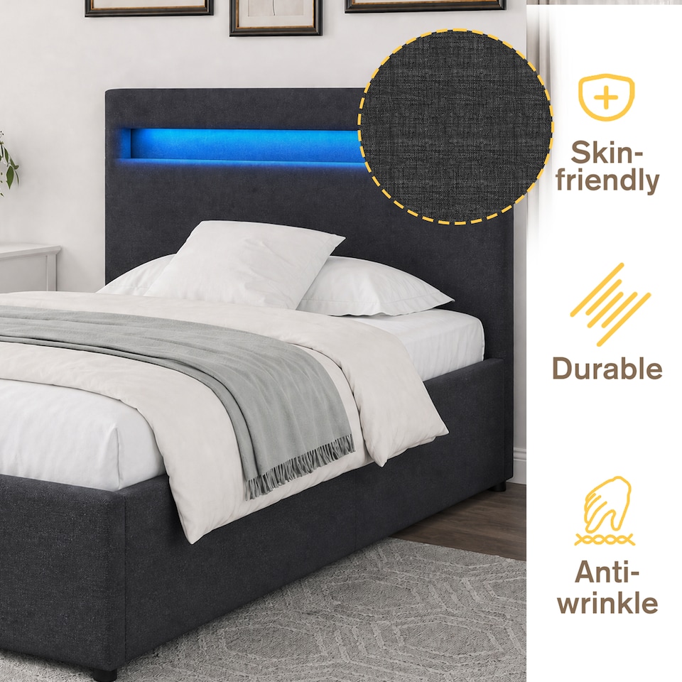 image 1 of 3ft Single Modern Gas Lift Ottoman Bed Frame with LED In Dark Grey