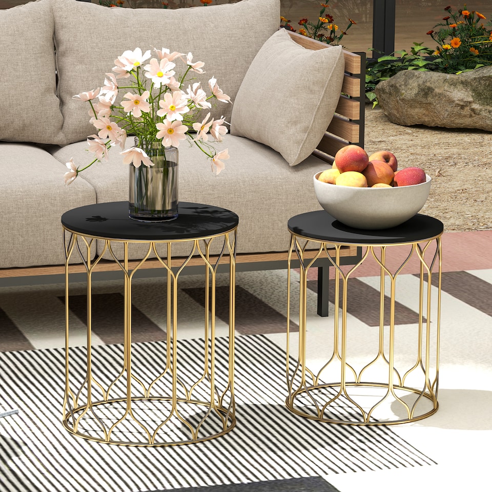 image 1 of Outsunny Round Coffee Table Set of 2, Modern Nesting Tables with Ceramic Tile Top, Small End Tables, Indoor Outdoor Side Table with Metal Frame for Living Room, Bedroom, Patio, Balcony, Black | Black | Black