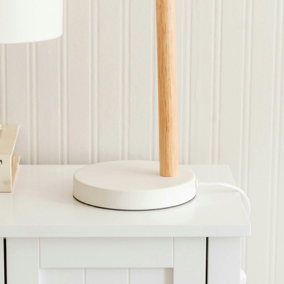 image 1 of ValueLights Adrianna Wooden Hanging Table Lamp with White Drum Lamp Shade and LED Bulb