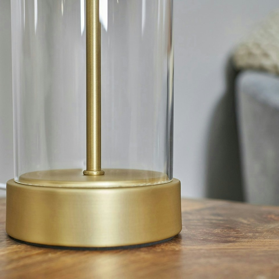 image 1 of ValueLights Contemporary Matt Gold & Clear Tube Table Lamp with a Black Cylinder Shade - Complete with a 4w LED Globe Bulb 3000K Warm White Black