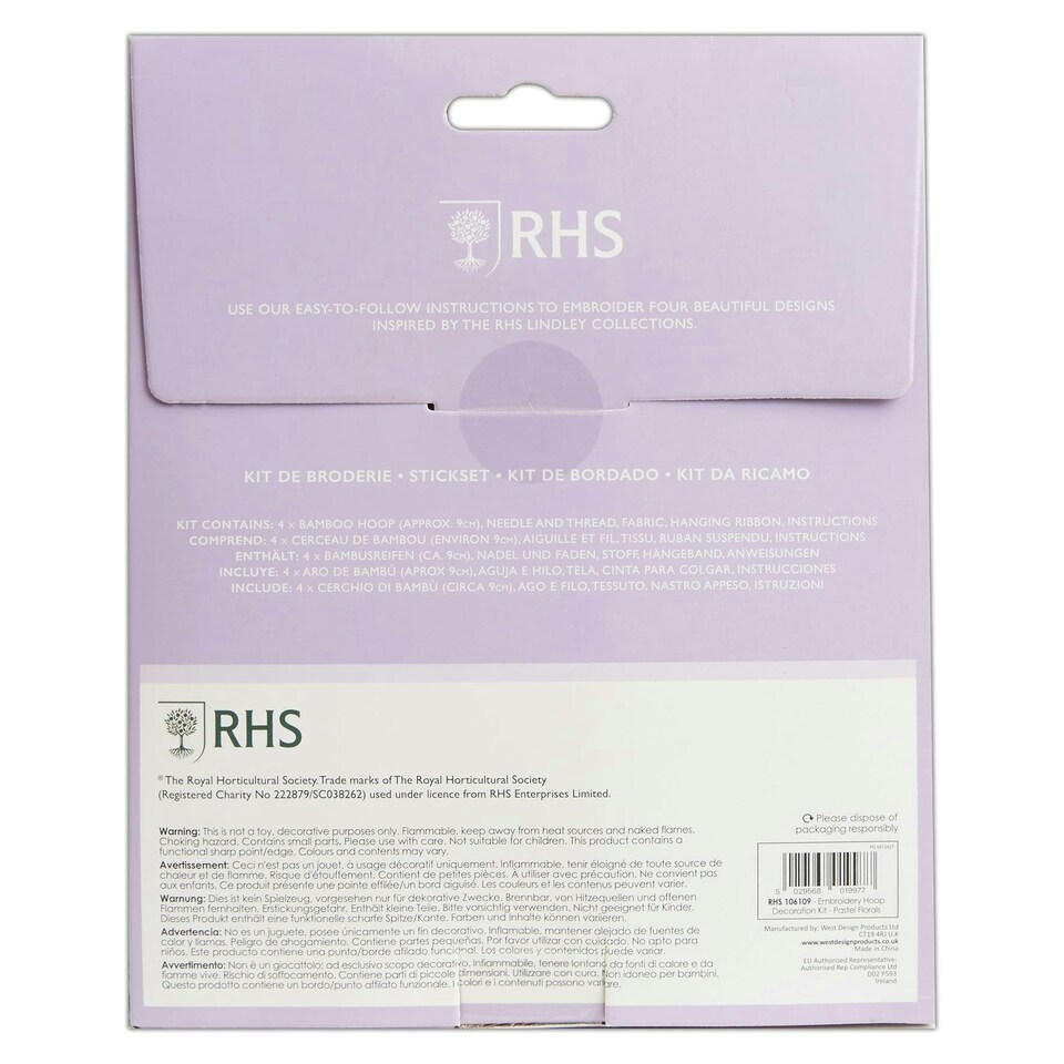 image 1 of RHS Embroidery Hoop Decoration Kit, Pastel Florals, Multicoloured, 9cm