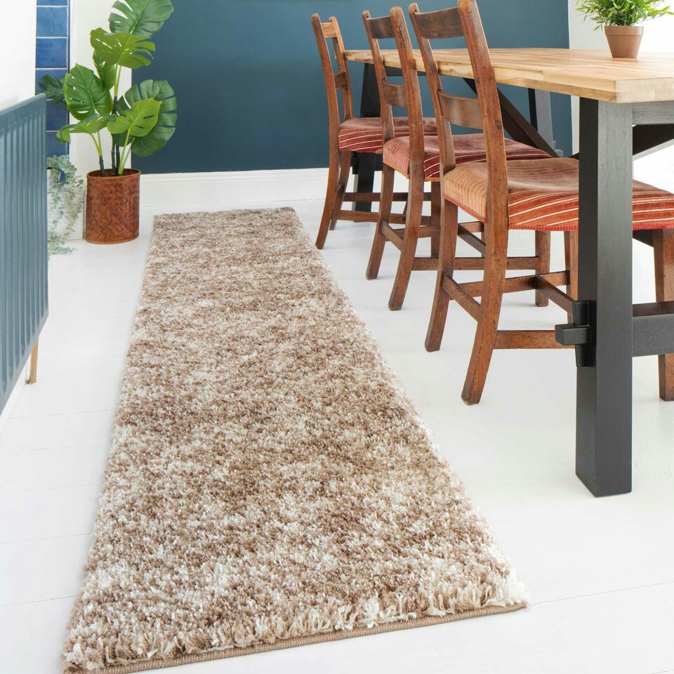 image 1 of KUKOON Natural Beige Mottled Shaggy Long Runner Rug 60cm x 240cm Cream