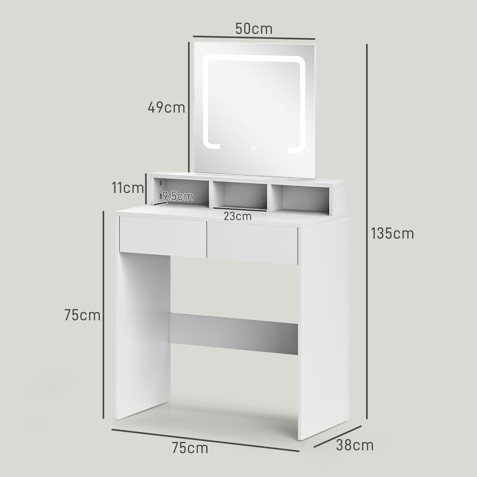 image 1 of HOMCOM Dressing Table with Mirror and LED Lights, Vanity Table with 2 Drawers, 3 Compartments, 3 Colour Lighting, for Bedroom, Modern Dresser Makeup Desk for Women and Girls, White