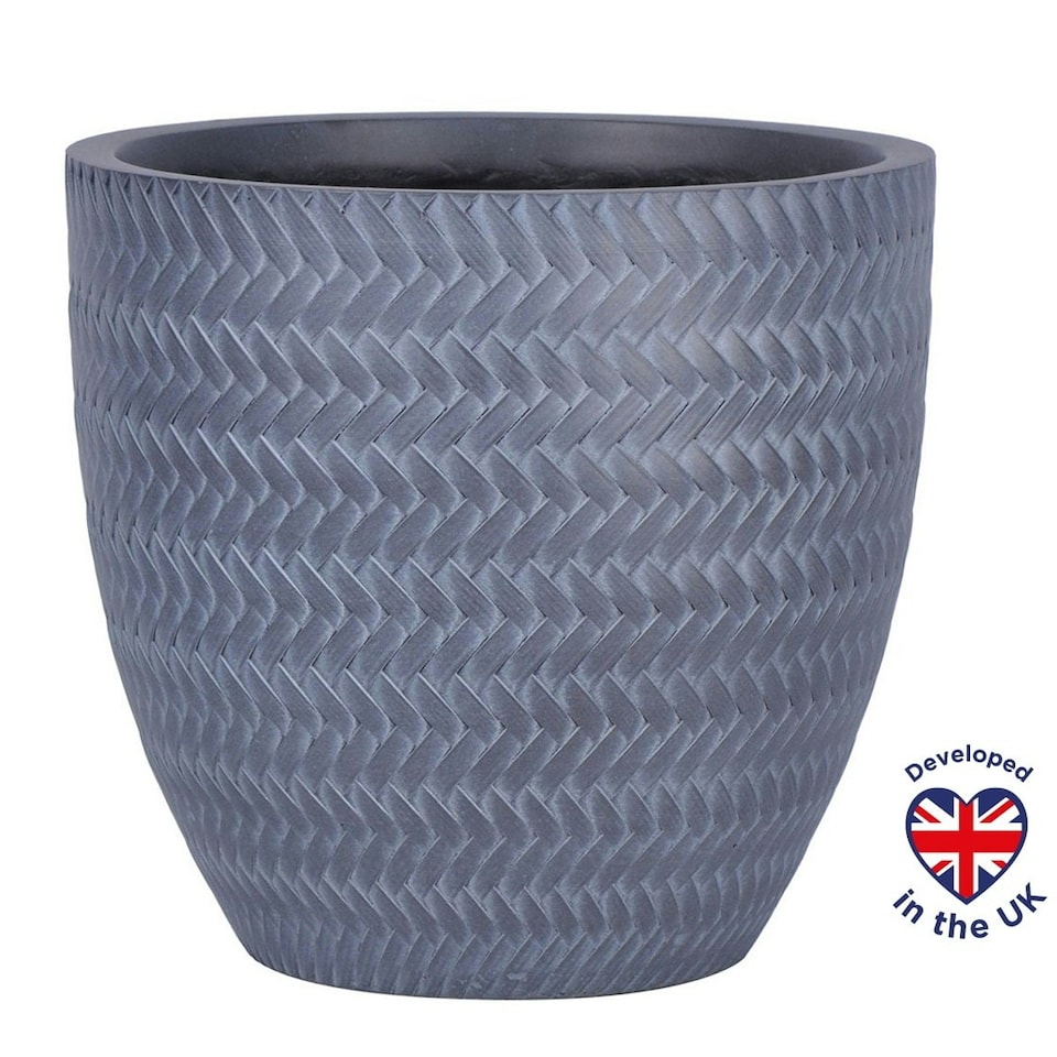 image 1 of Plaited Style Grey Round Garden Planter, Outdoor Plant Pot D24 H23 cm, 10.4 ltrs Cap.