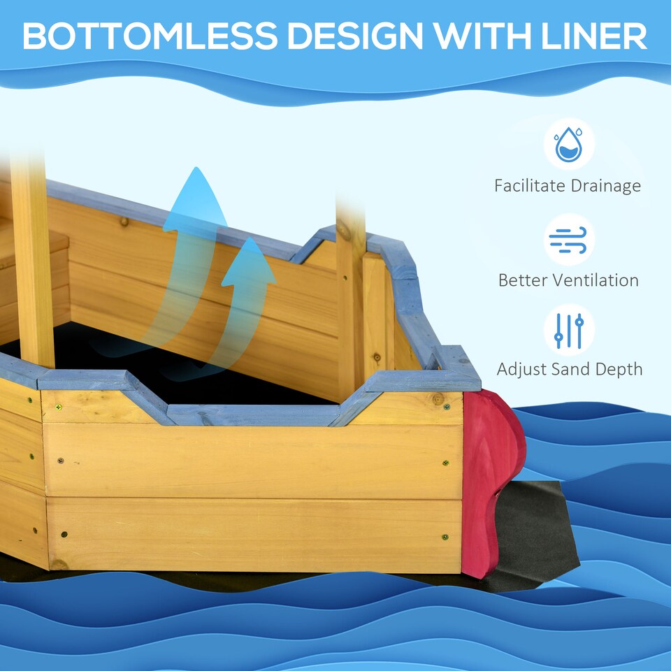 image 1 of Outsunny Kids Wooden Sand Pit Sandbox Pirate Sandboat Outdoor with Canopy Shade