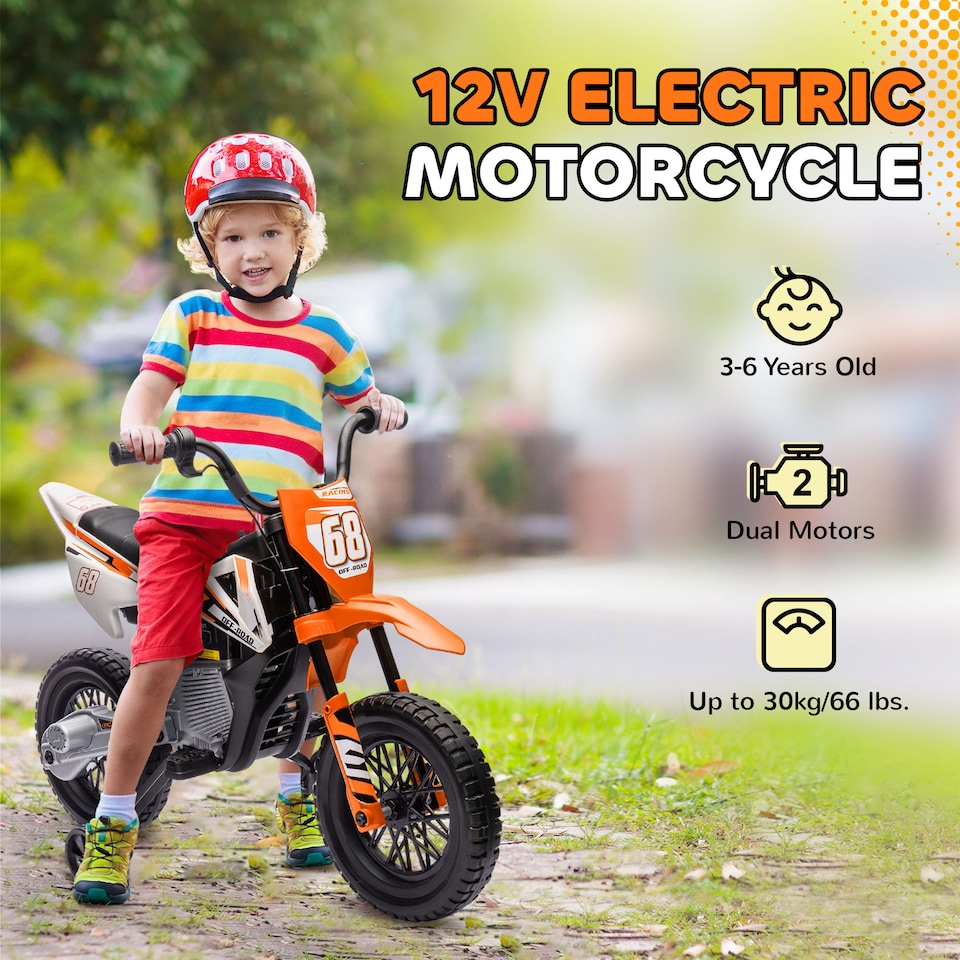 image 1 of AIYAPLAY 12V Kids Electric Motorbike, Kids Electric Ride on Motorcycle, Battery Powered Toy with Twist Grip Throttle, Training Wheels, Suspension System, Music, Orange