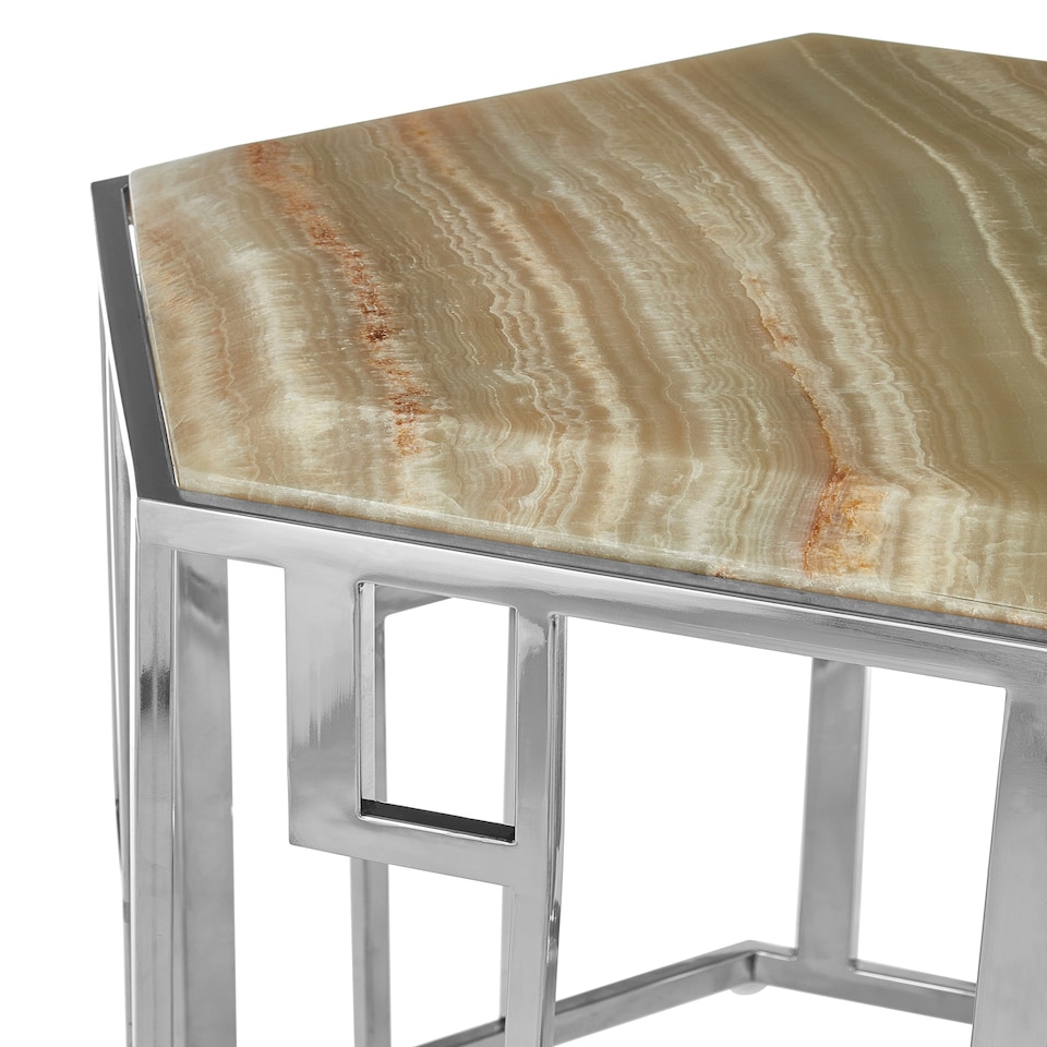 image 1 of Stainless Steel Base Hexagonal Side Table, Natural Onyx Top Small Bedside Table, Contemporary Side Table Cream