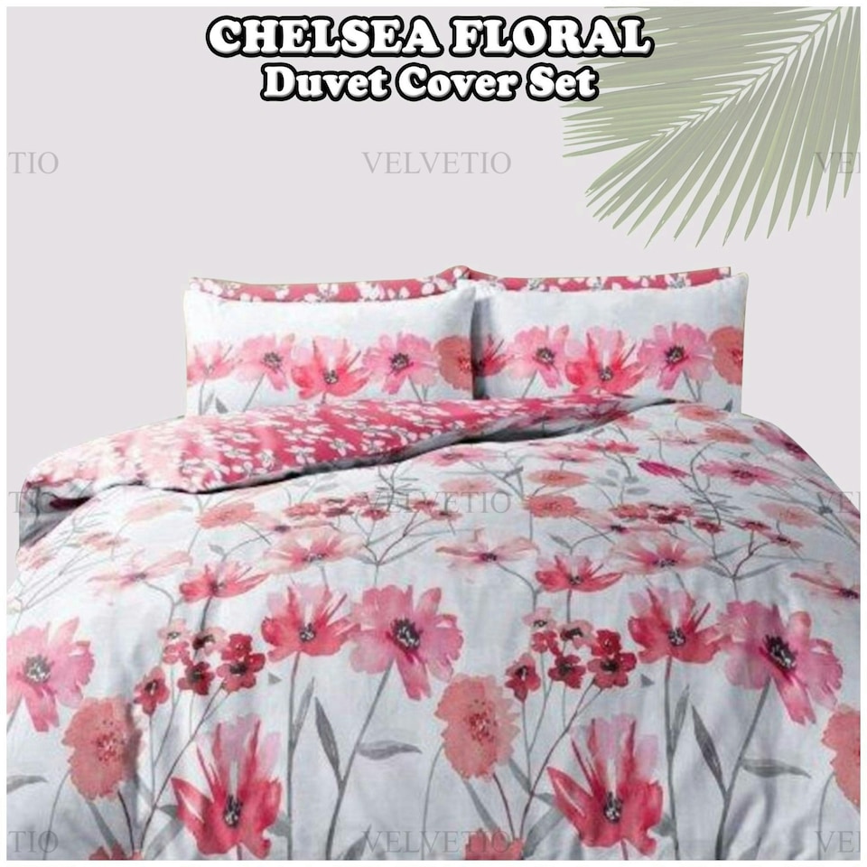 image 1 of VELVETIO Chelsea Floral Complete Duvet Cover Set with Fitted Sheet Soft Polycotton Bedding Sets Red | King