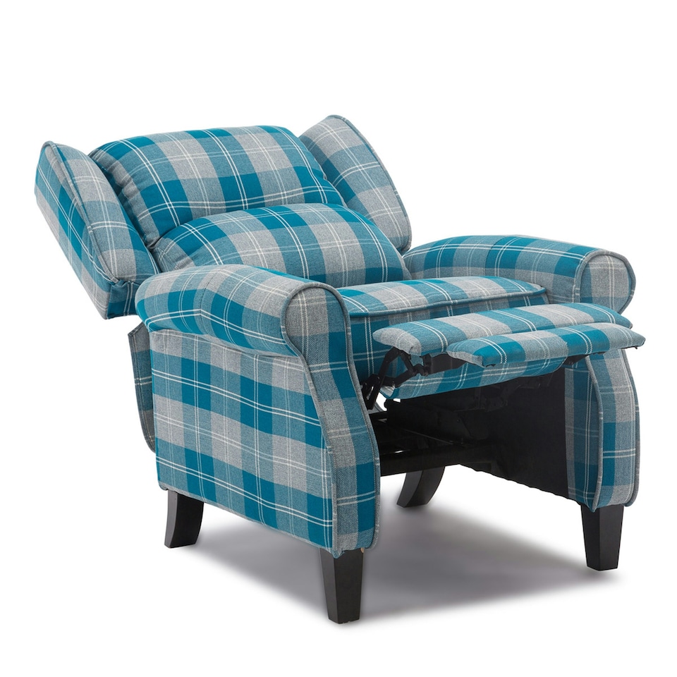 image 1 of Eaton Wing Back Fireside Checkered Fabric Pushback Recliner Chair (Blue)