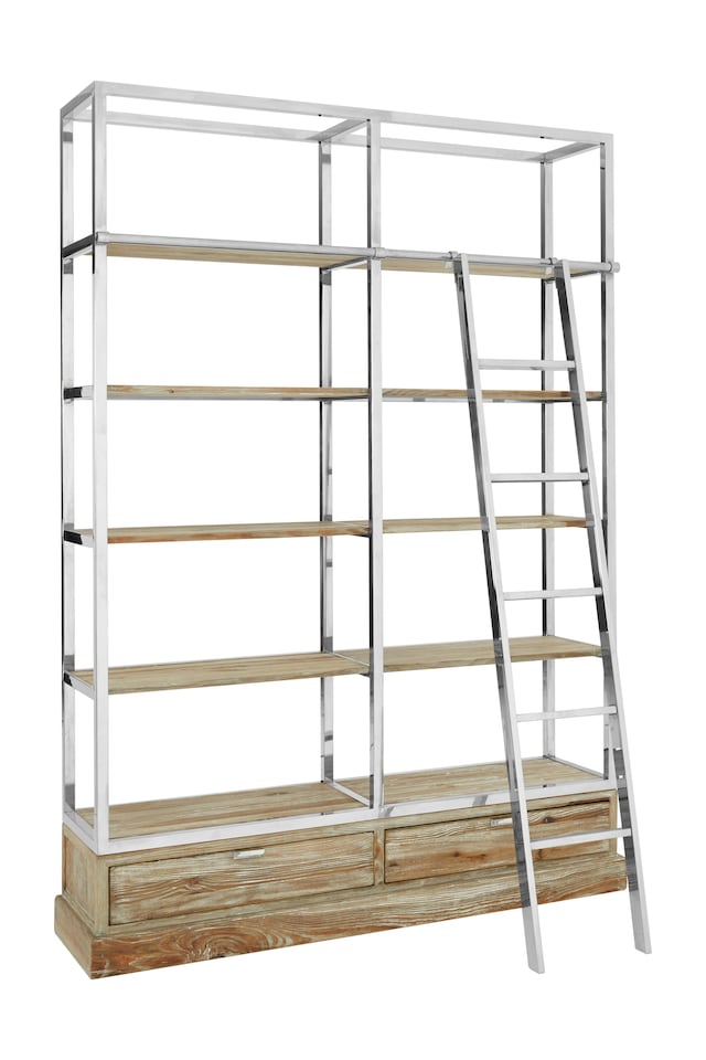 image 1 of Display Unit With Moveable Ladder,Shelf Unit With Storage Drawers,Wall Shelving Unit,Pine Wood Bookcase | Brown