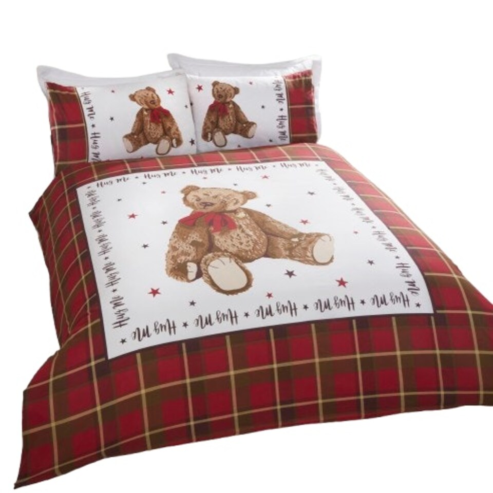 image 1 of Hug Me Bear Check Polycotton Duvet Cover Set with Pillowcase Red | Single