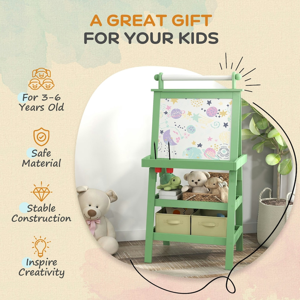 image 1 of AIYAPLAY Art Easel for Kids with Paper Roll, 3 in 1 Kids Easel Double-Sided Magnetic Whiteboard and Chalkboard with Storage Baskets, for Children 3-6 Years Green