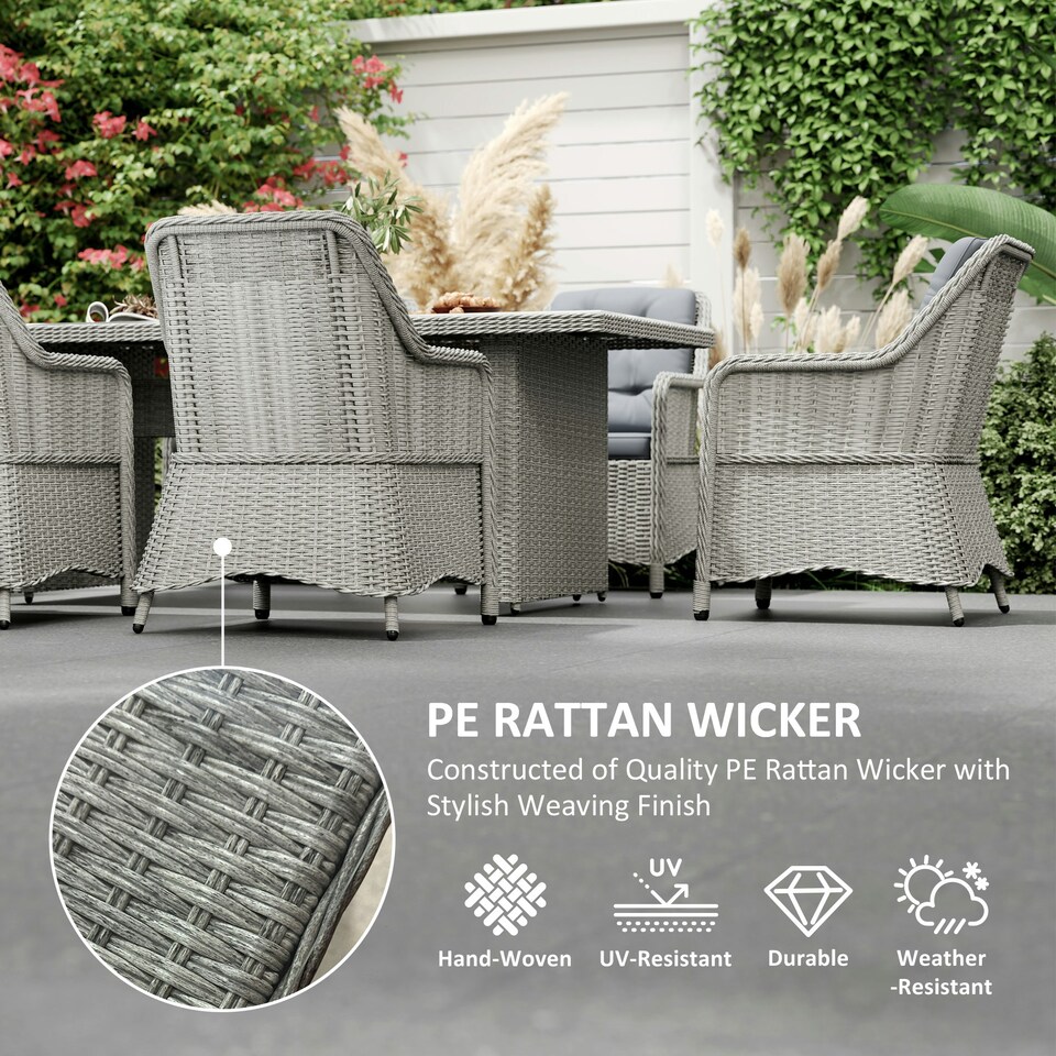 image 1 of Outsunny 6 Seater Rattan Dining Set w/ Glass Top Table Cushions, Grey