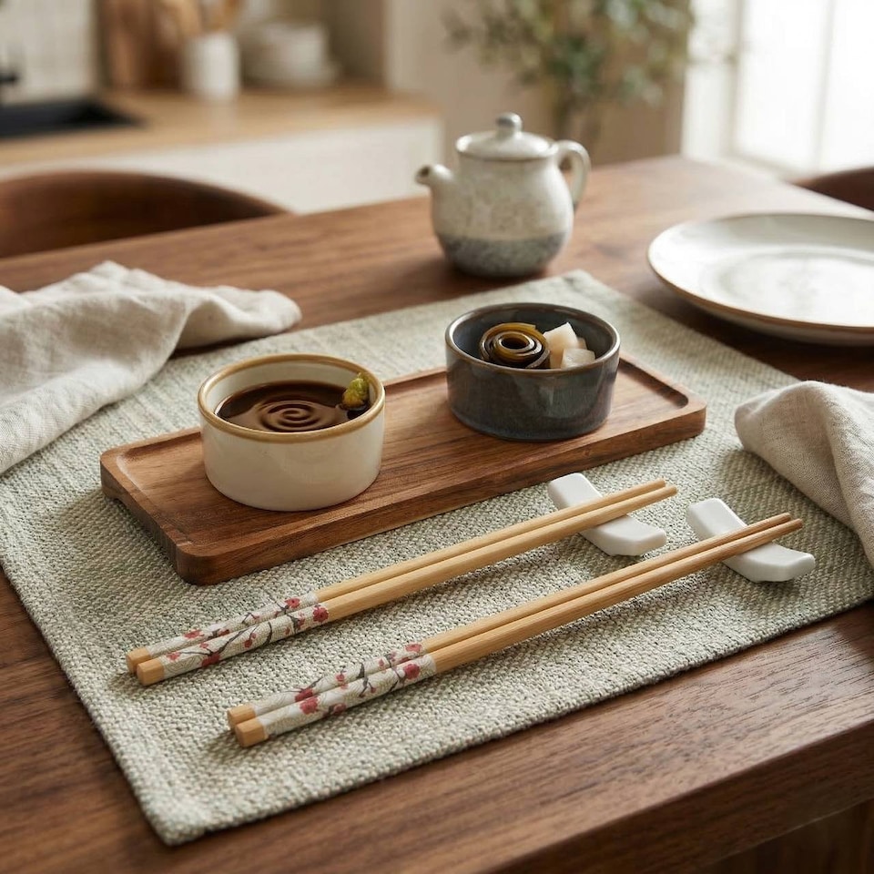 image 1 of 9 Piece Sushi Set Bamboo Tray Chopsticks Bowls | Multi | Multicoloured | 1
