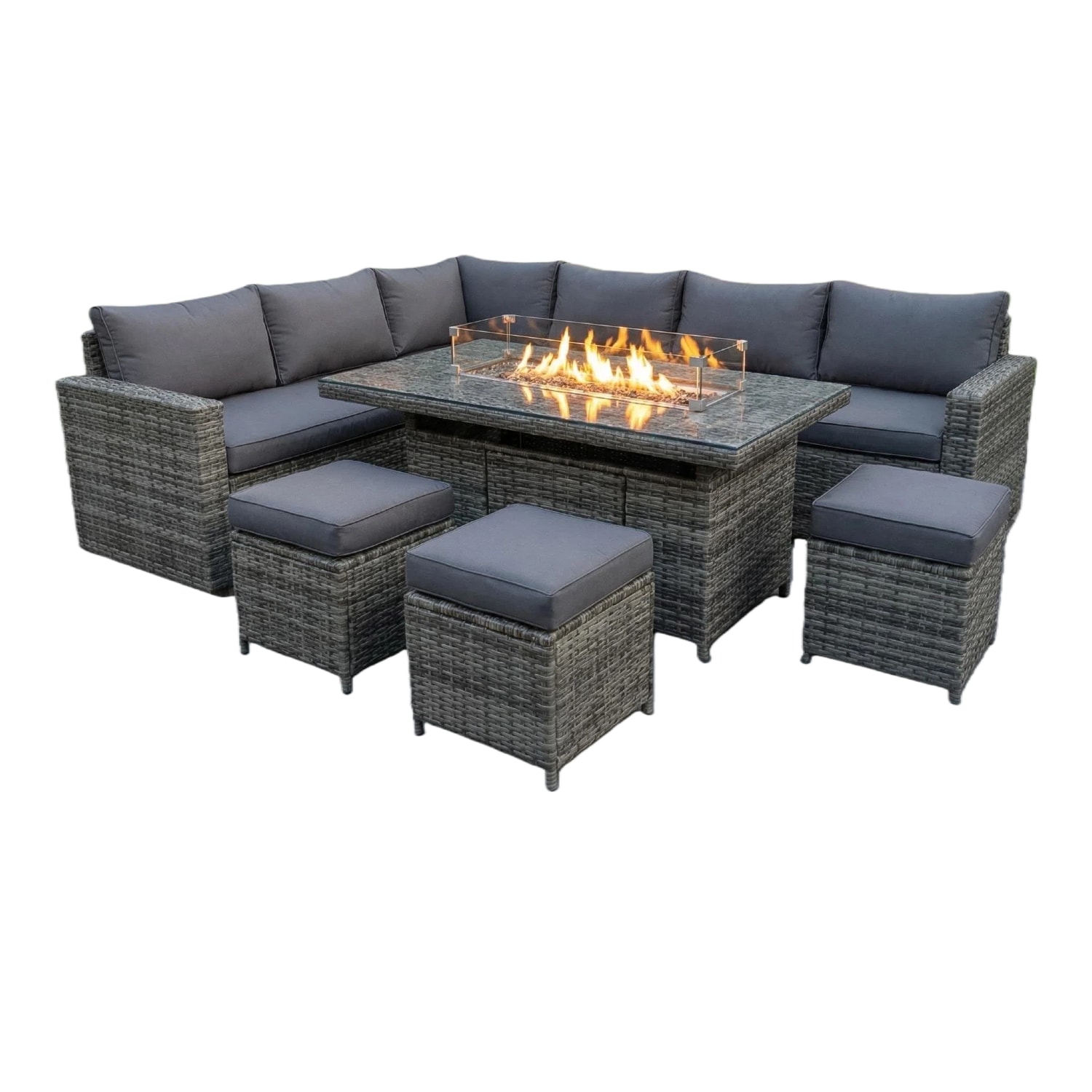 The Tarporley Grey 9 Seat Corner Rattan Dining Set - Fire Pit