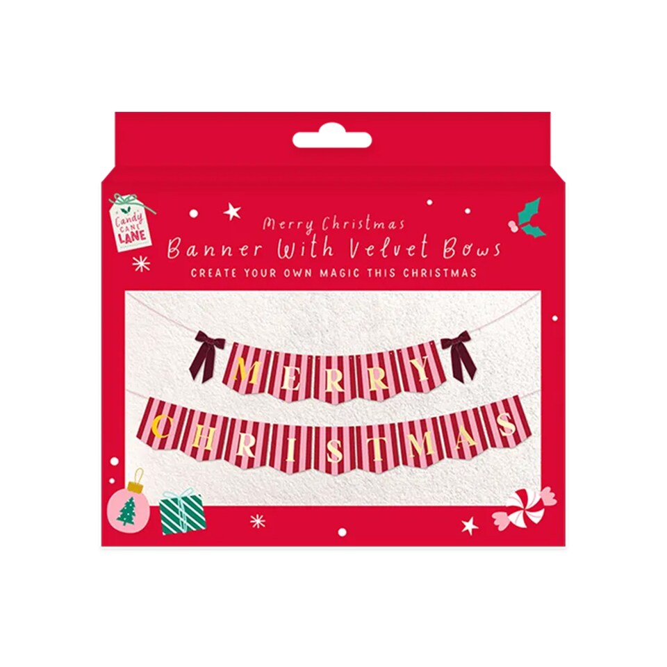 image 1 of Merry Christmas Pink & Red Stripes Banner with Burgundy Velvet Bows 2m