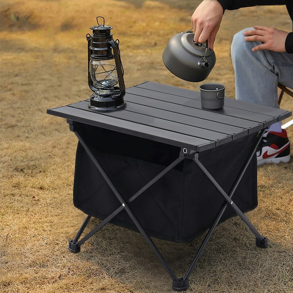 image 1 of Living and Home Aluminum Portable Roll-Top Camp Table with Storage Basket