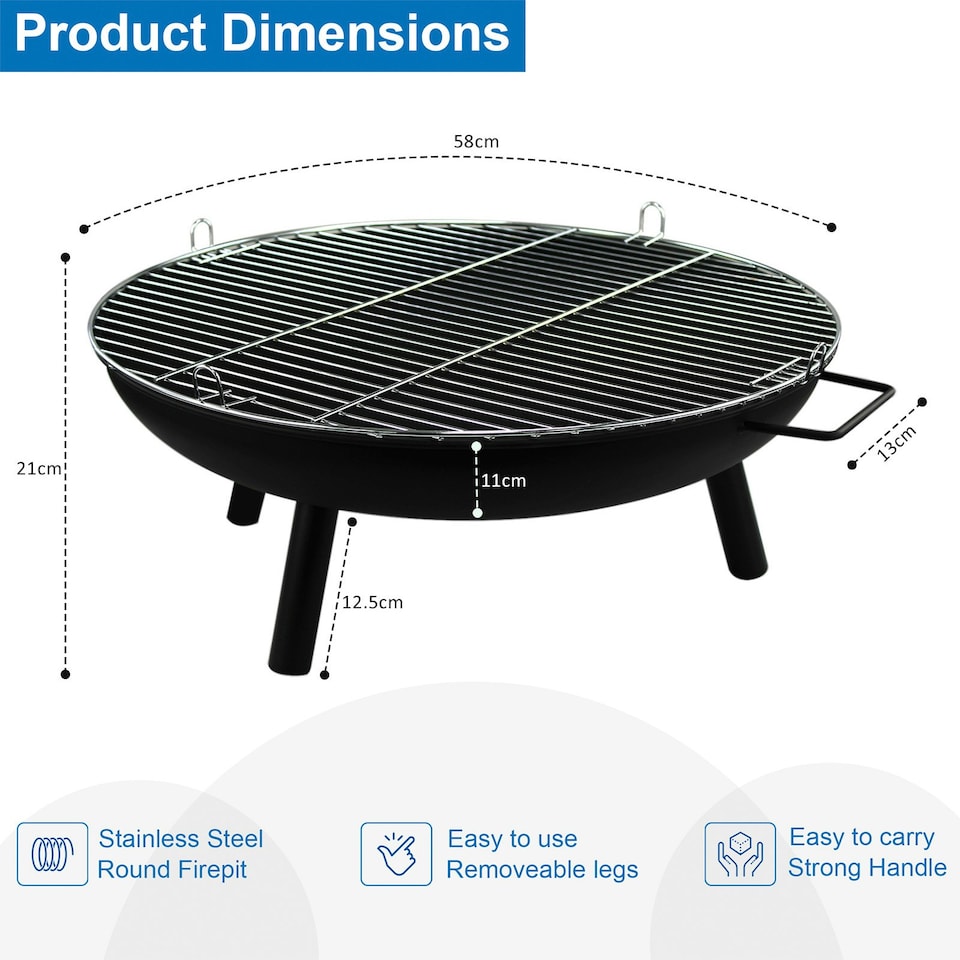 image 1 of Outdoor Fire Pit WITH BBQ Grill, Fire Pits for Garden, BBQ Fire Brazier for Camping Picnic, Steel Fire Bowl Patio Heater Charcoal Log Wood Burner, 58cm